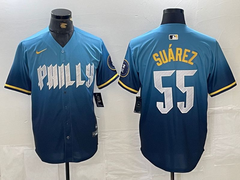 Men Philadelphia Phillies 55 Suarez Blue City Edition Nike 2024 MLB Jersey style 2